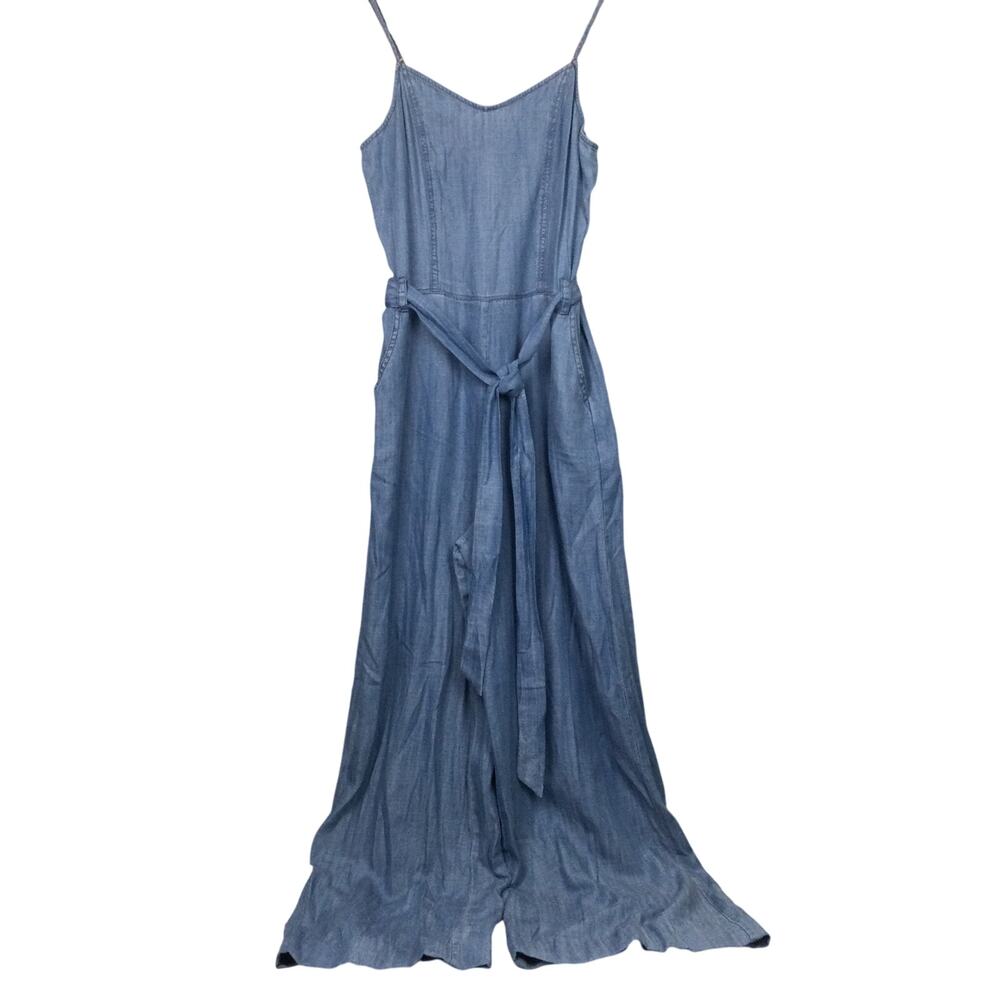 1250°C Chambray Wide Leg Belted Slash Pocket Spaghetti Strap V-Neck Jumper Sz M